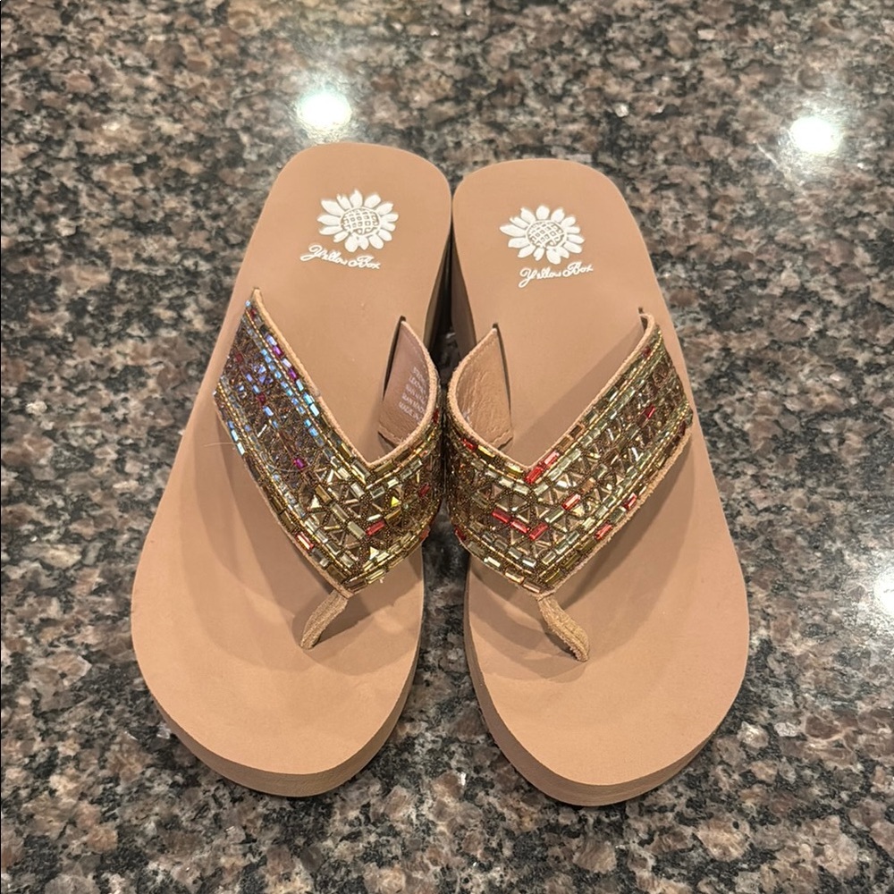 Yellow Box Gold and Tan Sandals with Woven Straps - Picture 1 of 4